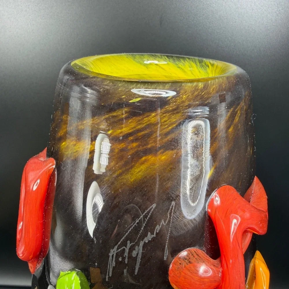 Mihai‎ Topescu Glass Vase 12inch Heavy Applied Ribbon Colorful Modern Decor